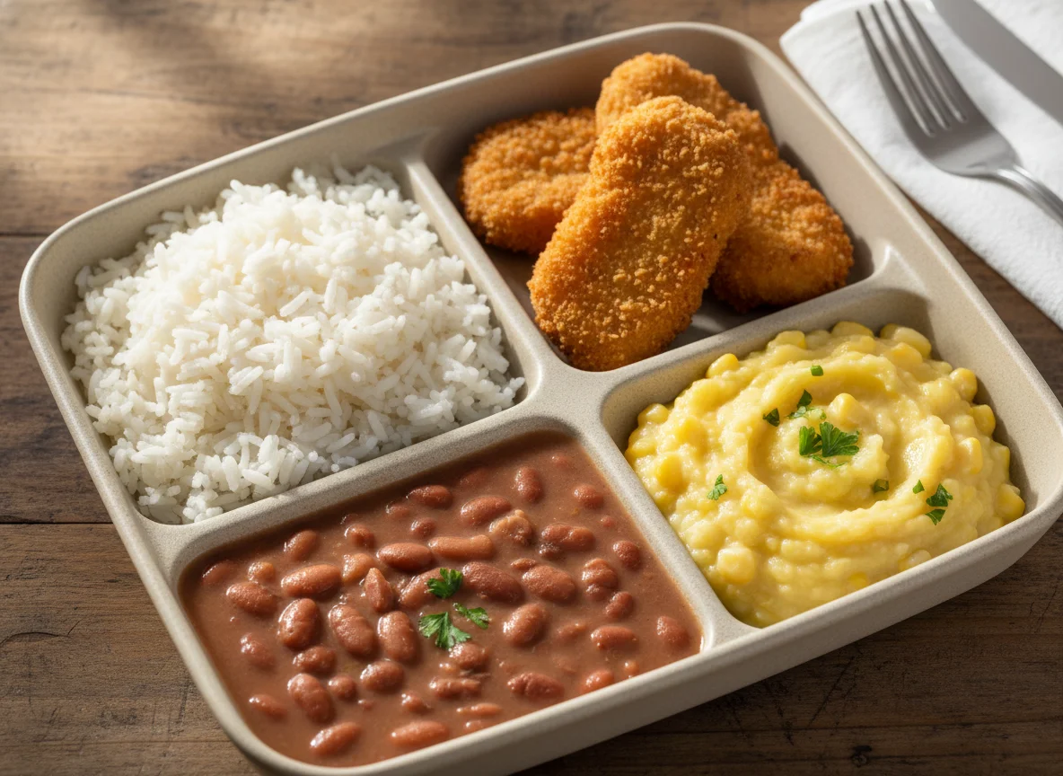 Marmita com arroz, feijão, nuggets e purê de milho photo