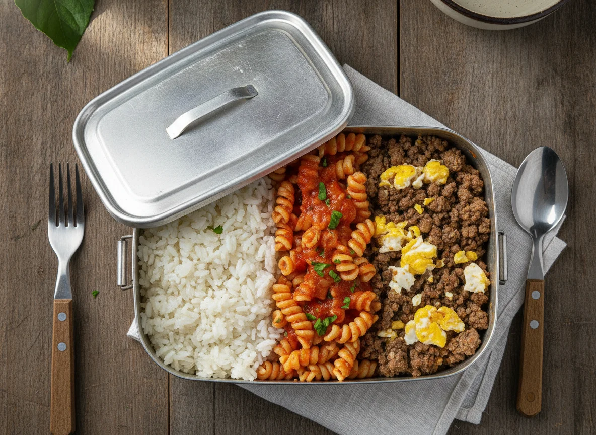Marmita com arroz, macarrão e carne moída com ovos photo