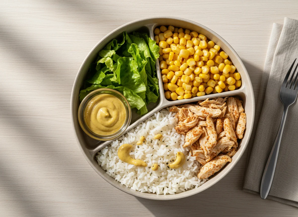 Marmita com Arroz, Milho, Frango Desfiado, Alface e Molho de Mostarda photo