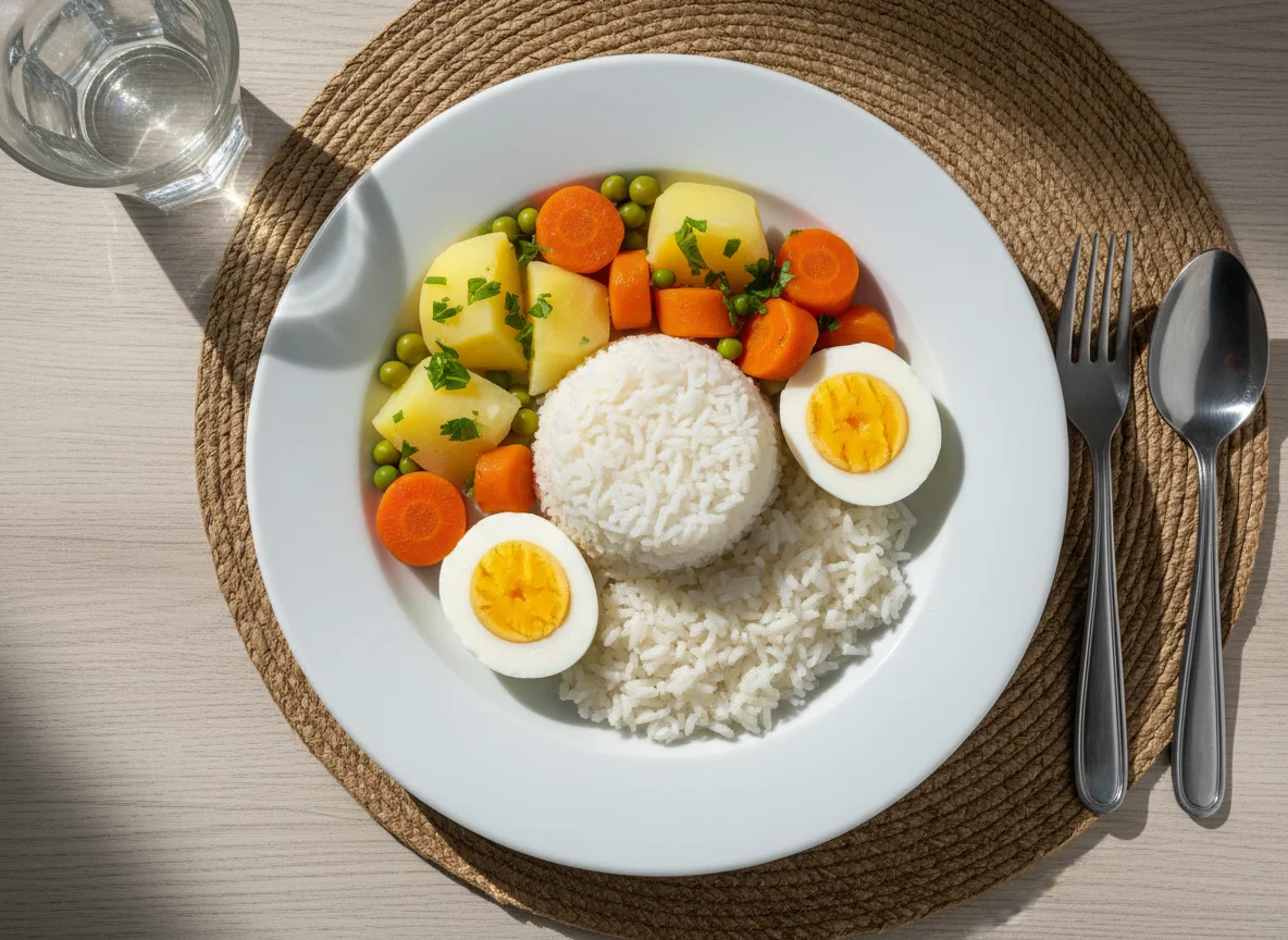 Marmita com arroz, ovos e legumes photo