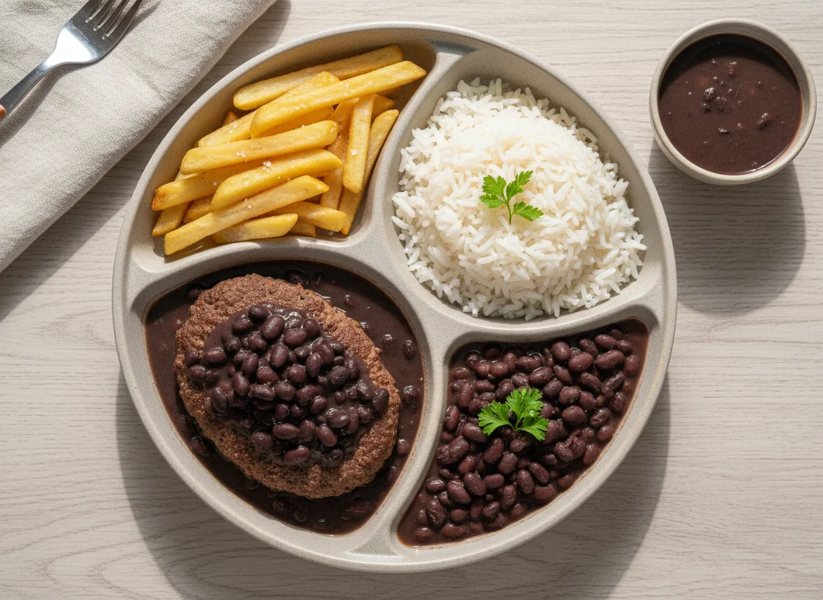 Marmita com bife, arroz, feijão e batata frita photo