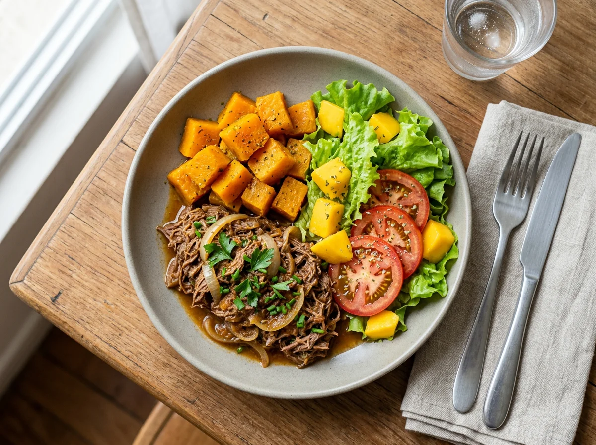 Marmita com carne, abóbora e salada photo