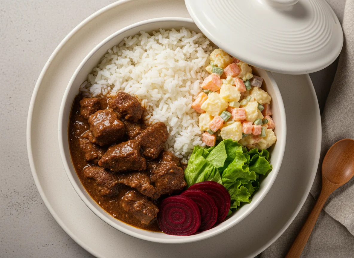 Marmita com carne ao molho, arroz e salada photo