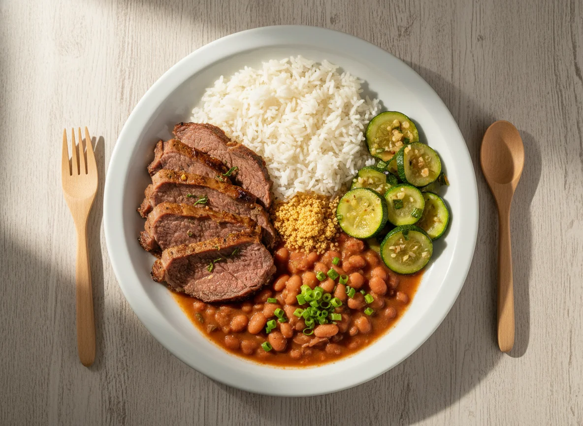 Marmita com carne, arroz, abobrinha e feijão photo
