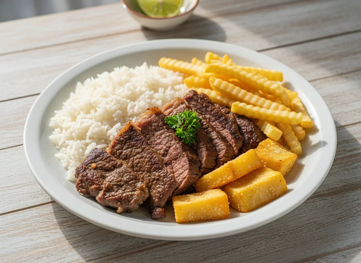 Marmita com carne, arroz, batata frita e aipim frito photo