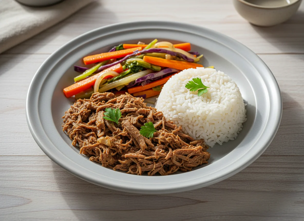 Marmita com carne, arroz e legumes salteados photo