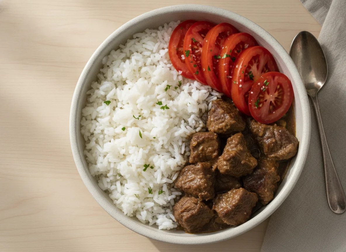 Marmita com carne, arroz e tomate photo