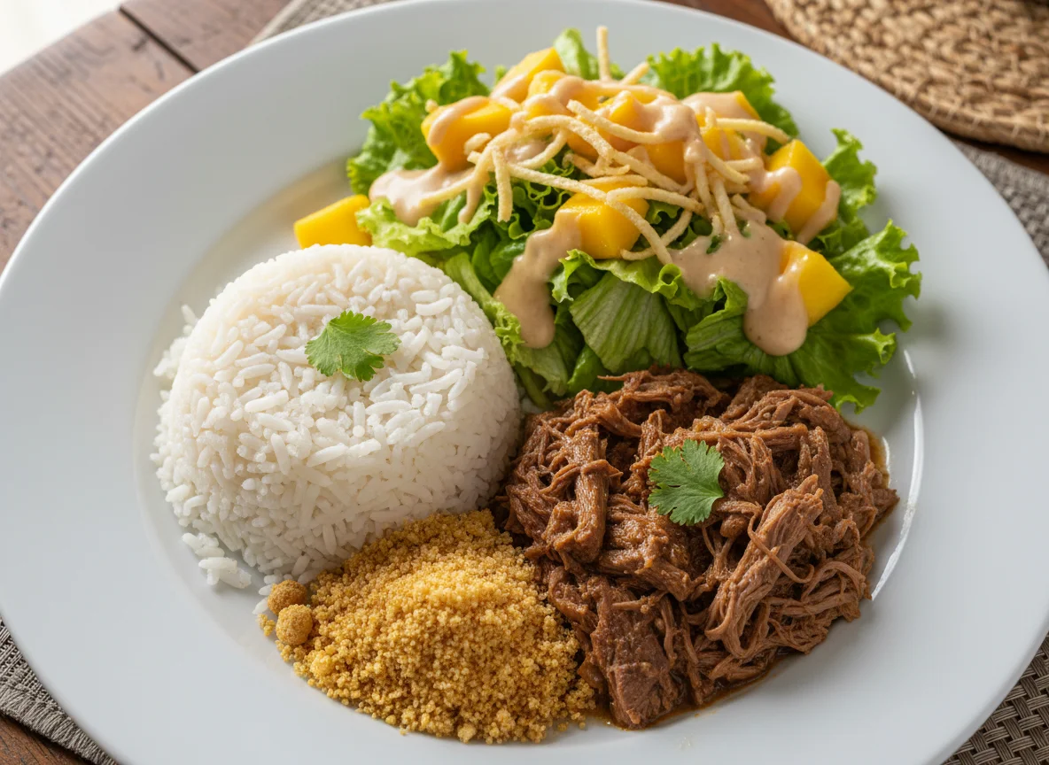 Marmita com carne, arroz, farofa e salada photo