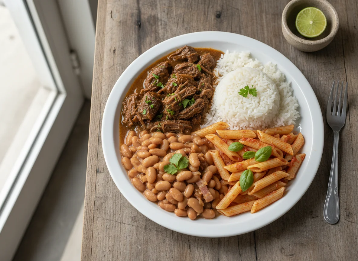 Marmita com carne, arroz, macarrão e feijão photo