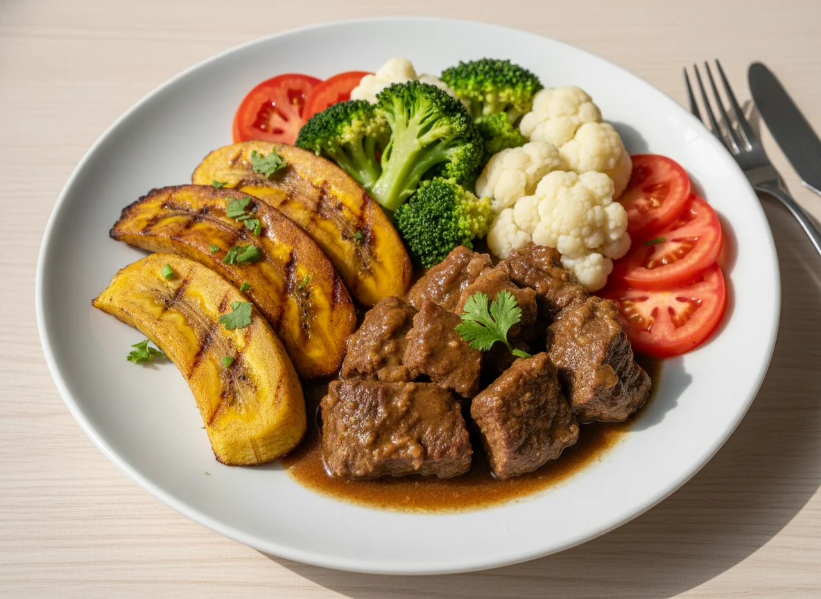 Marmita com carne, banana da terra e vegetais photo