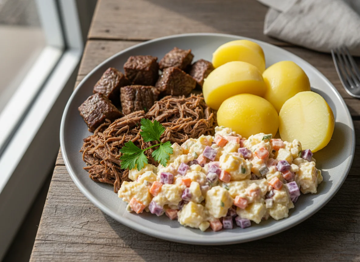 Marmita com carne, batata e salada photo