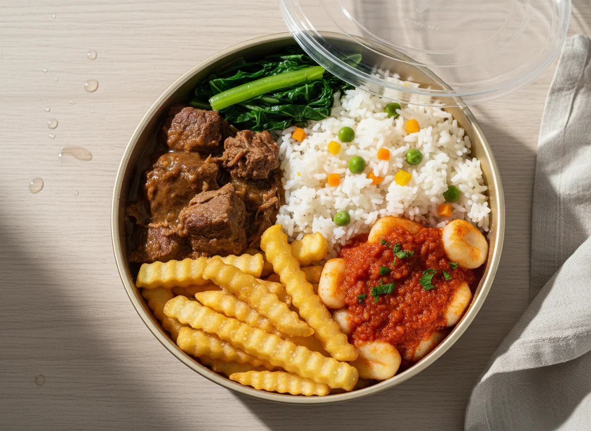 Marmita com Carne, Batata Frita, Nhoque e Arroz photo