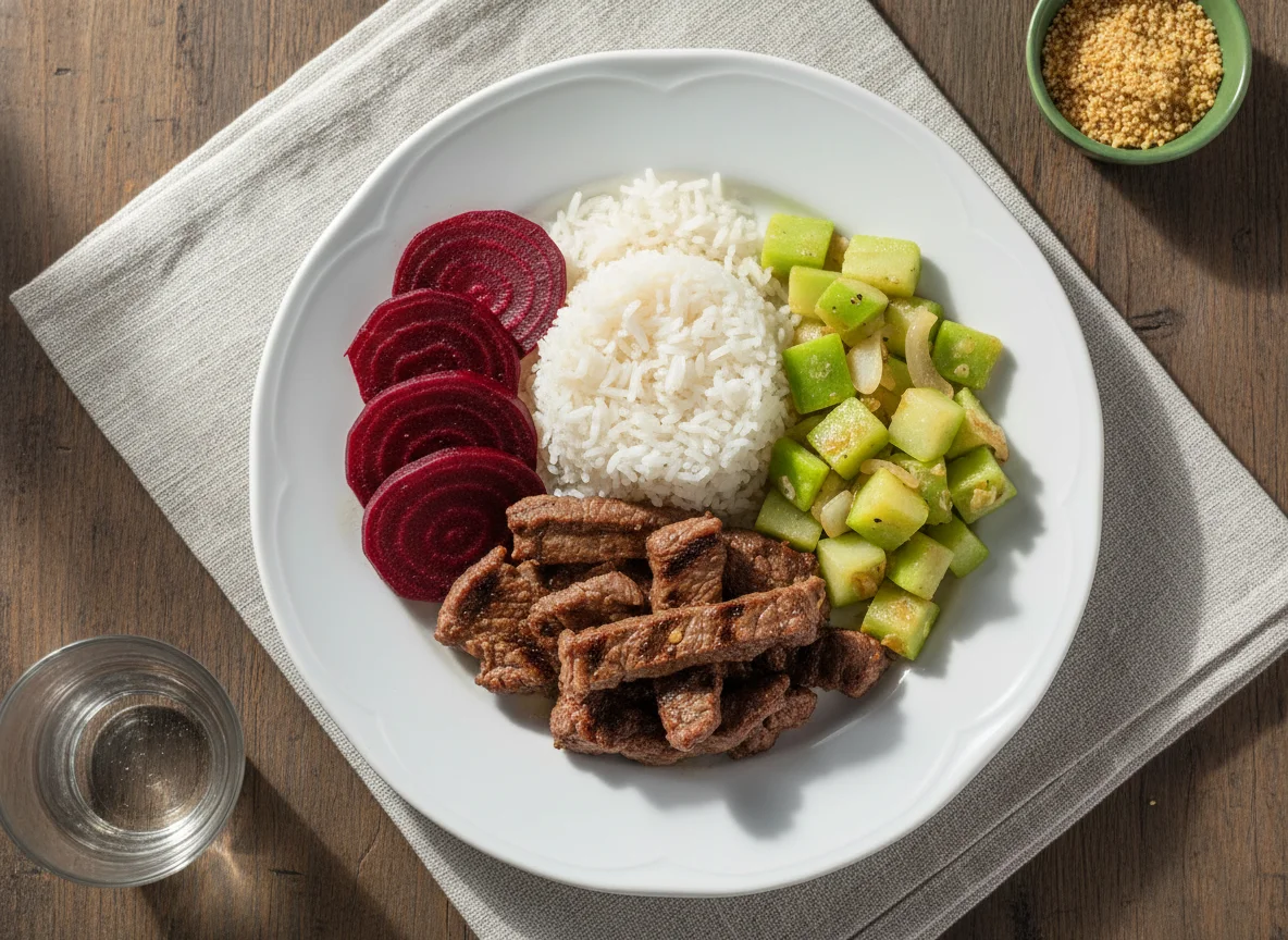 Marmita com carne, chuchu, arroz e beterraba photo