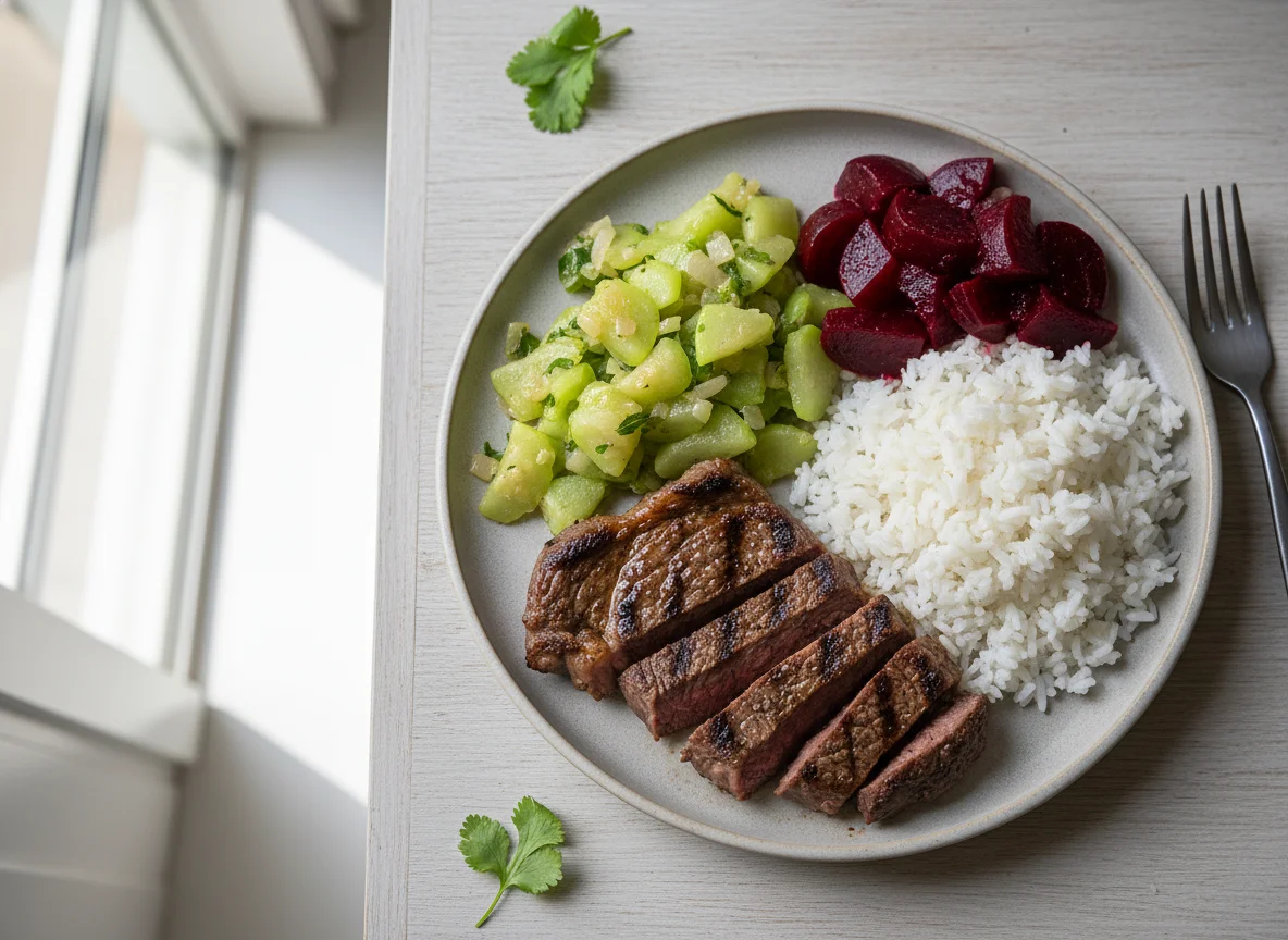 Marmita com carne, chuchu refogado, arroz e beterraba photo