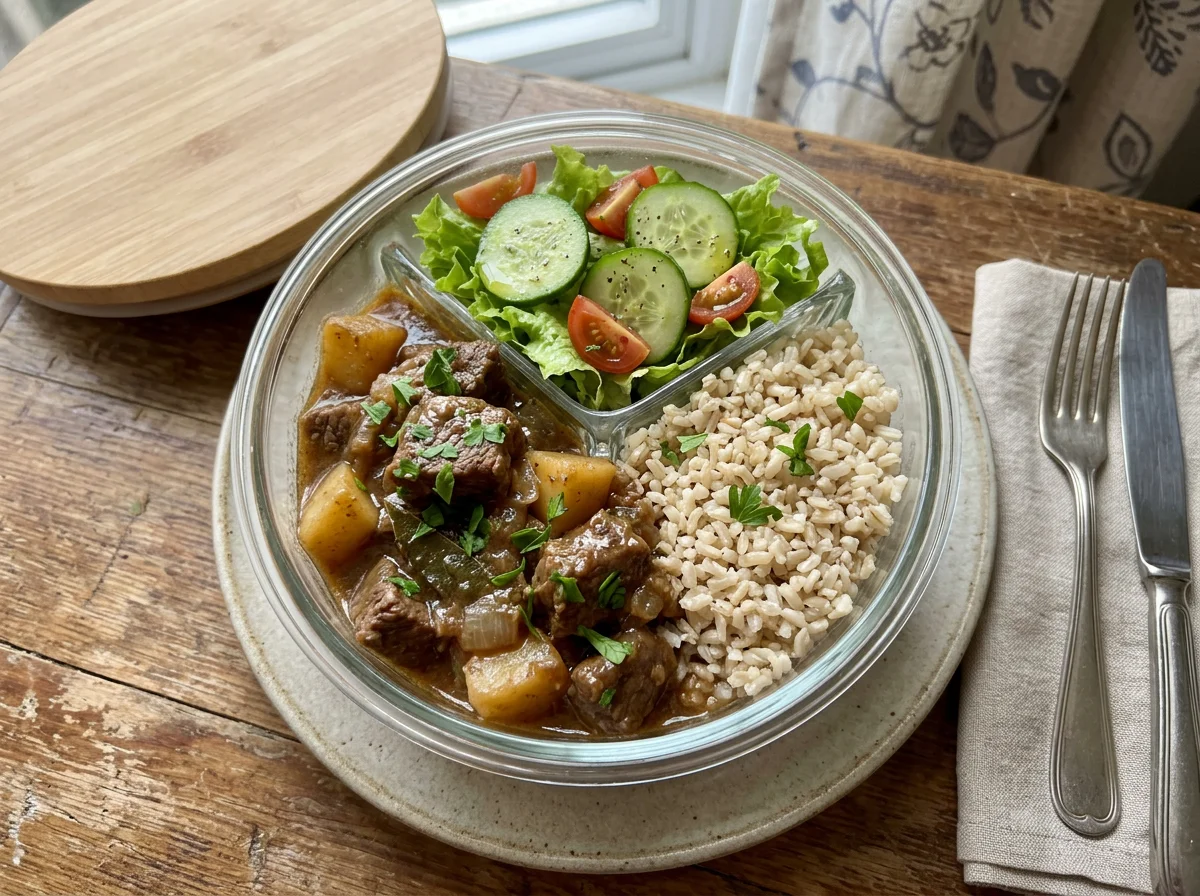 Marmita com carne de panela, arroz integral e salada photo