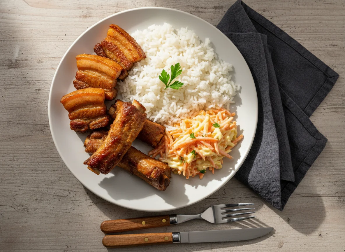 Marmita com carne de porco, arroz e salada de cenoura photo