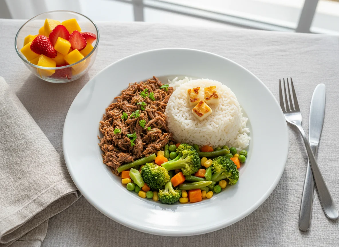 Marmita com carne desfiada, arroz, legumes e salada de frutas photo