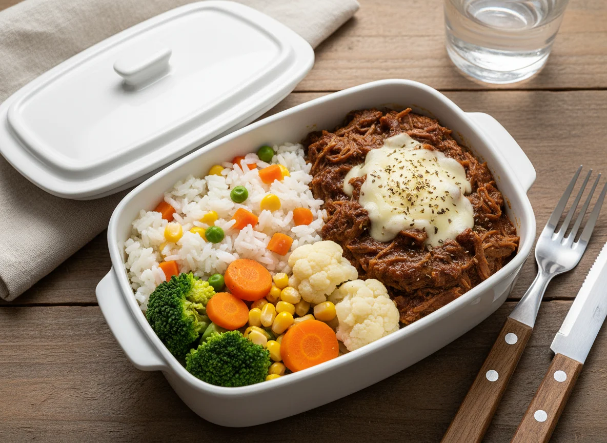 Marmita com carne desfiada e legumes photo