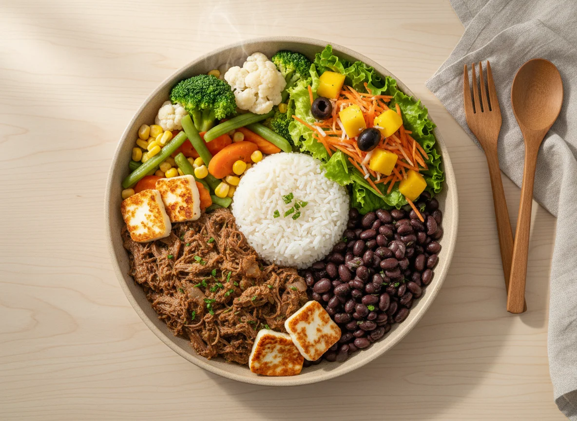 Marmita com carne desfiada, legumes e salada photo