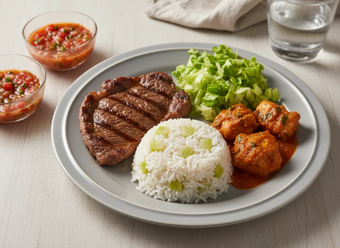 Marmita com carne, frango, legumes e salada photo