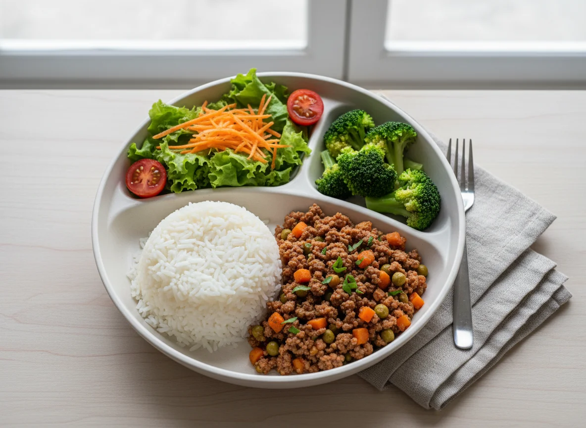 Marmita com carne moída, arroz, brócolis e salada photo