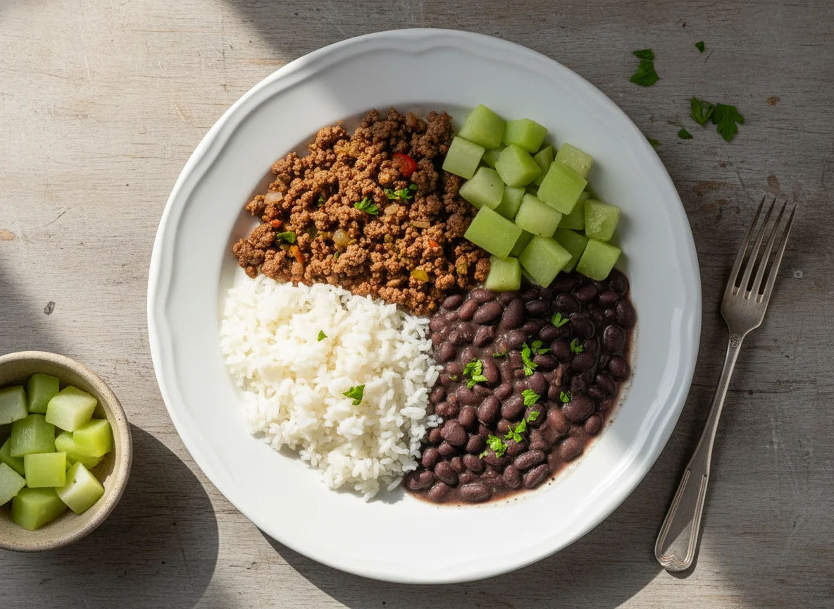 Marmita com Carne Moída, Arroz, Chuchu e Feijão photo