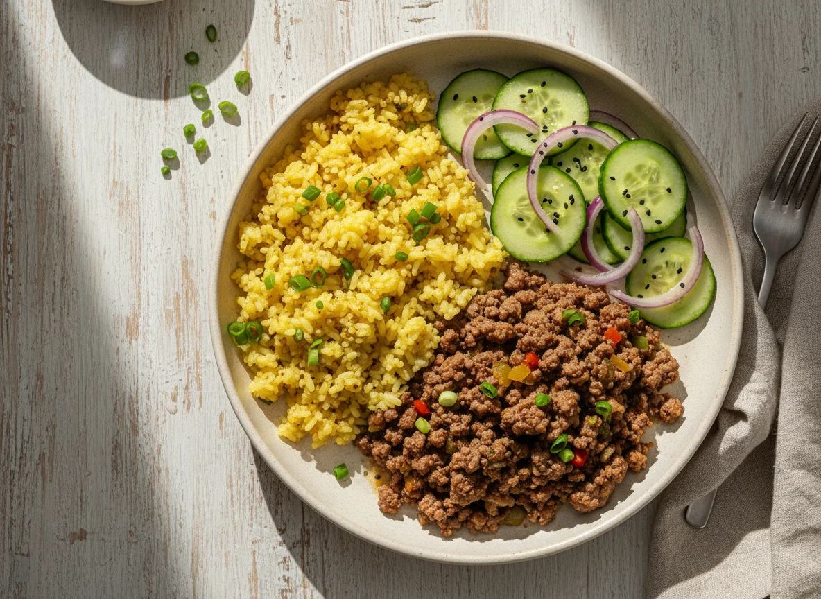 Marmita com carne moída, arroz e salada de pepino photo