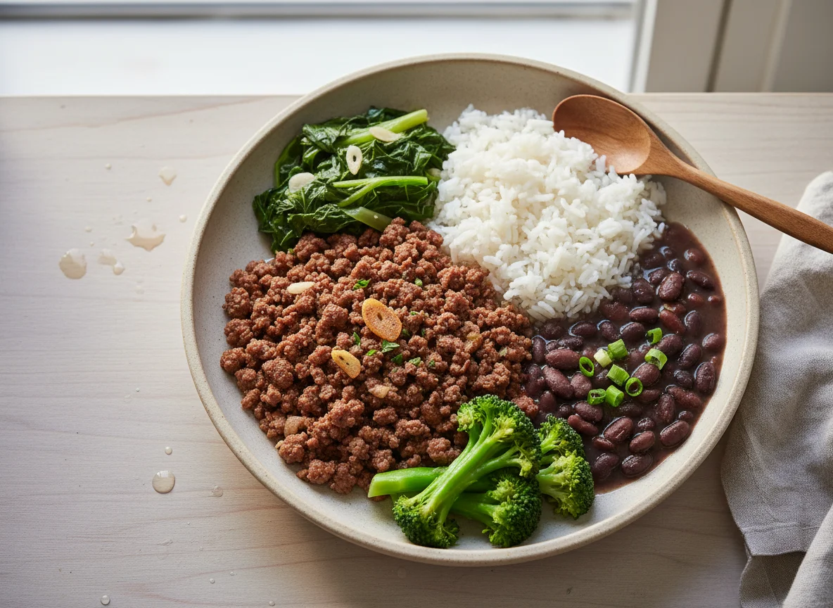Marmita com carne moída, arroz, feijão, brócolis e couve photo