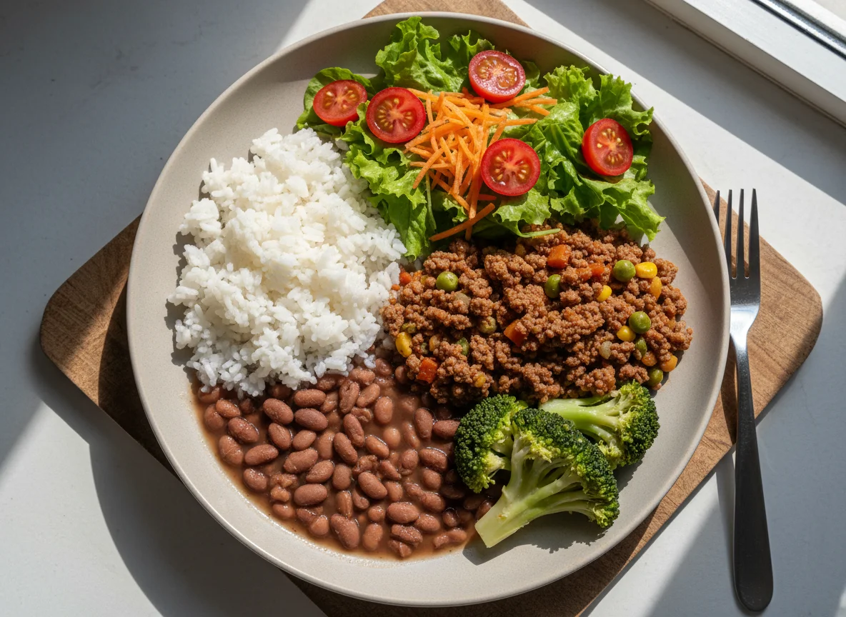 Marmita com carne moída, arroz, feijão, brócolis e salada photo