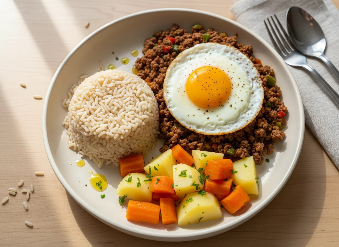Marmita com carne moída, arroz, ovo e legumes photo