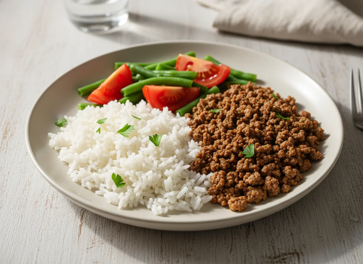 Marmita com carne moída, arroz, vagem e tomate photo