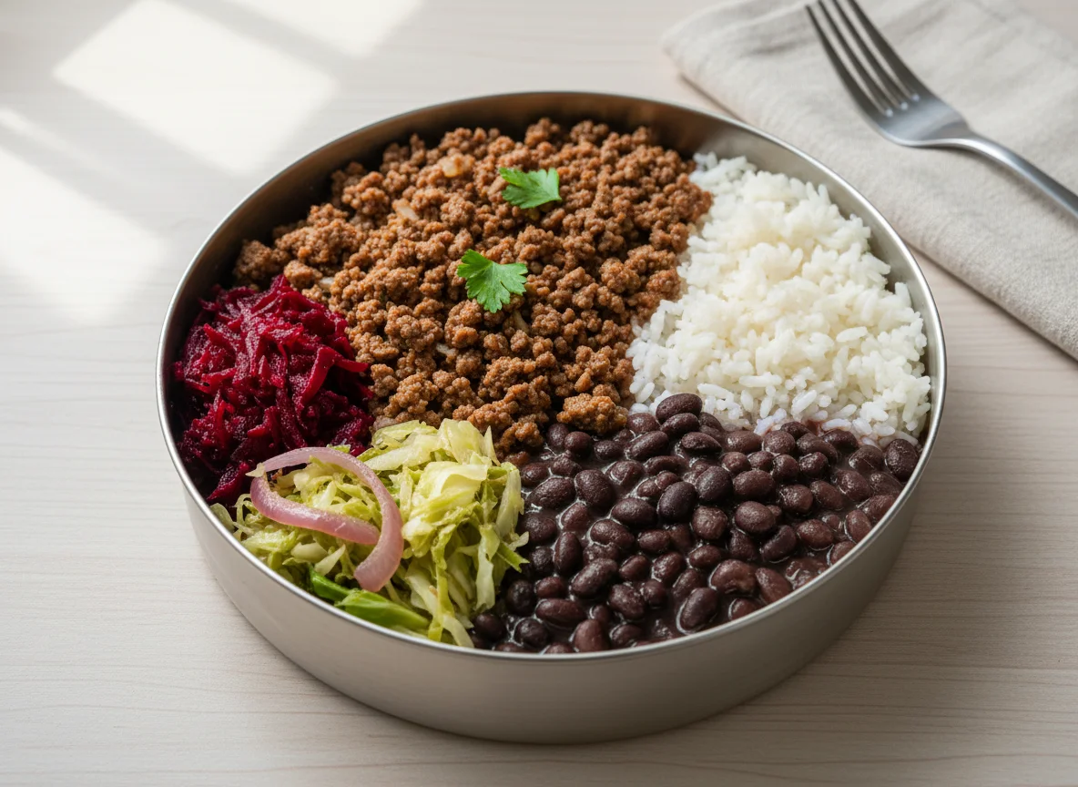 Marmita com carne moída e acompanhamentos photo