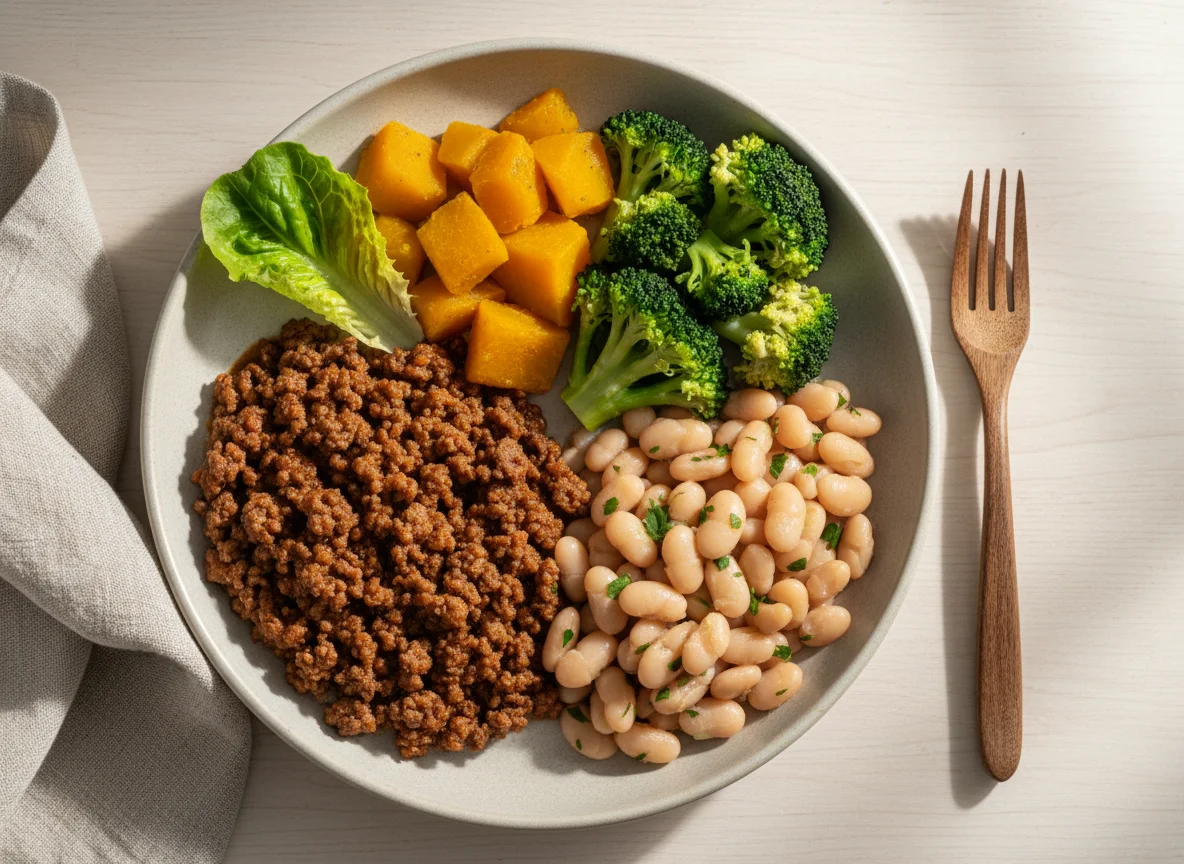 Marmita com carne moída e vegetais photo