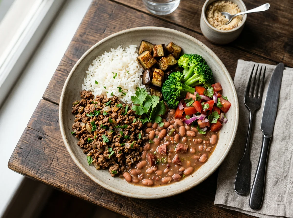Marmita com carne moída, feijão e legumes photo