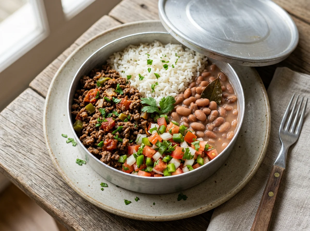 Marmita com Carne Moída, Feijão e Vinagrete photo