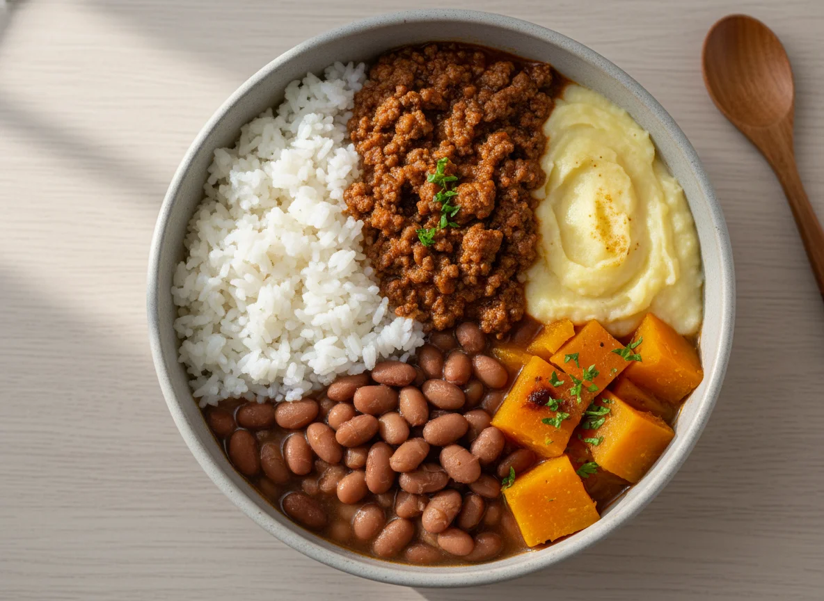 Marmita com carne moída, purê, arroz, feijão e abóbora photo