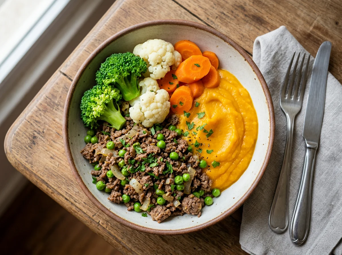 Marmita com carne moída, purê de abóbora e vegetais photo