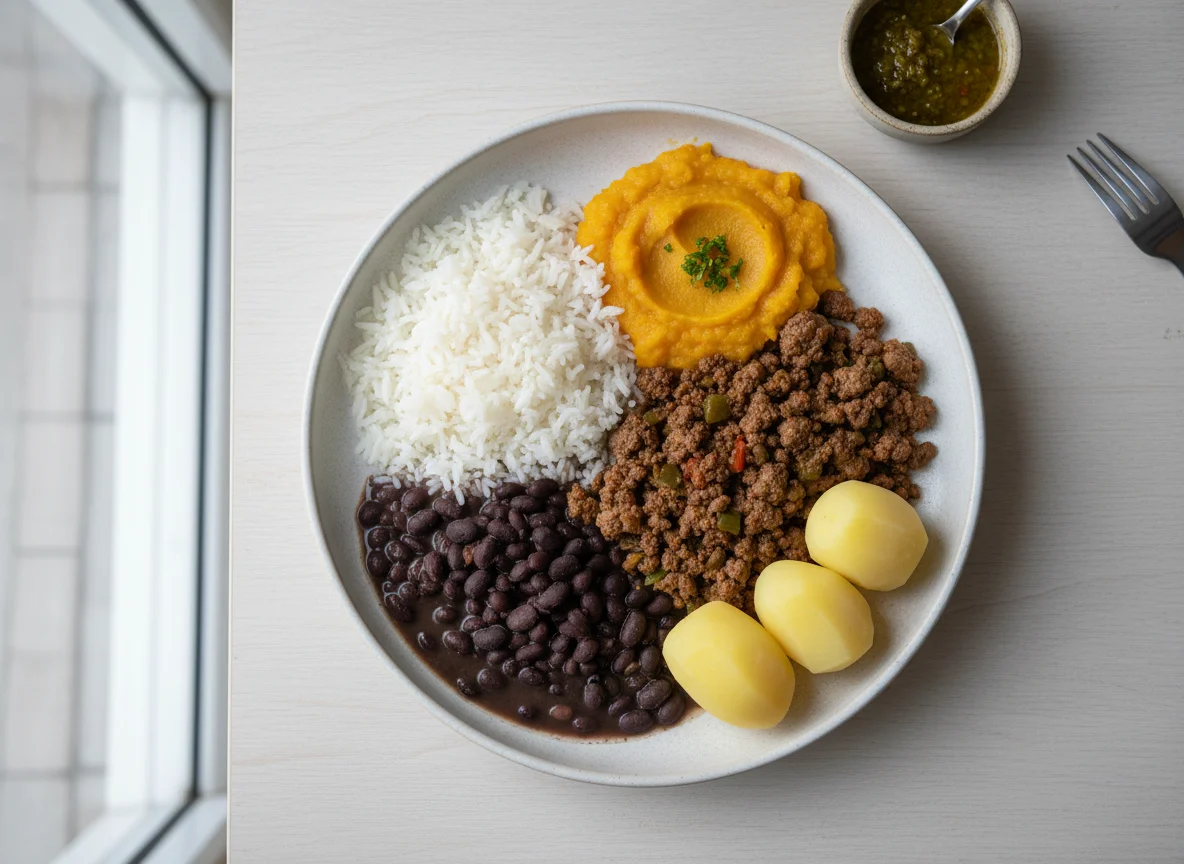 Marmita com carne moída, purê de abóbora, feijão e arroz photo