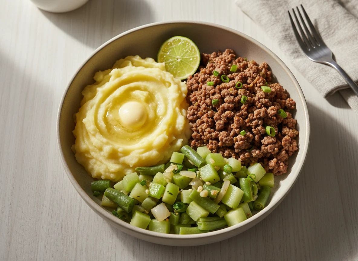 Marmita com carne moída, purê de batata e refogado de chuchu e vagem photo