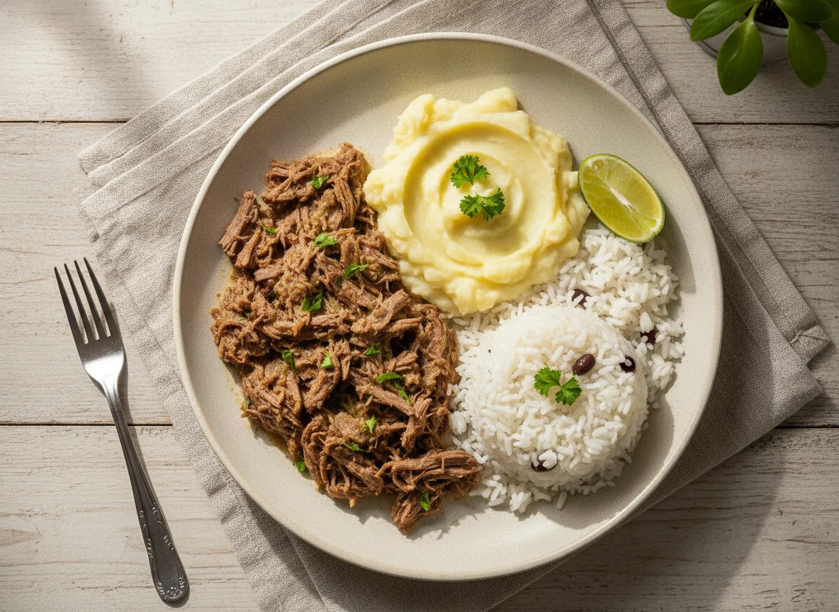 Marmita com carne, purê e arroz photo