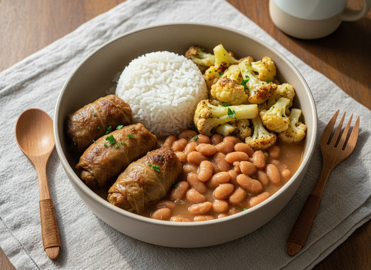 Marmita com charuto de carne, arroz, feijão e couve-flor refogada photo