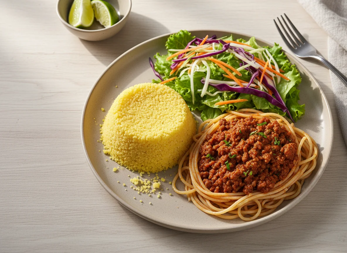 Marmita com cuscuz, macarrão e salada photo