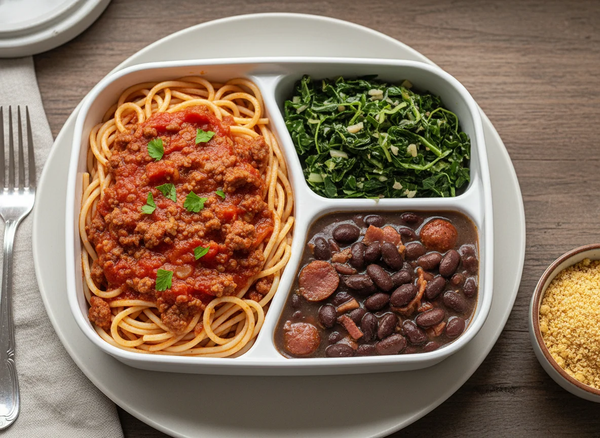 Marmita com espaguete, carne moída, feijão e refogado photo