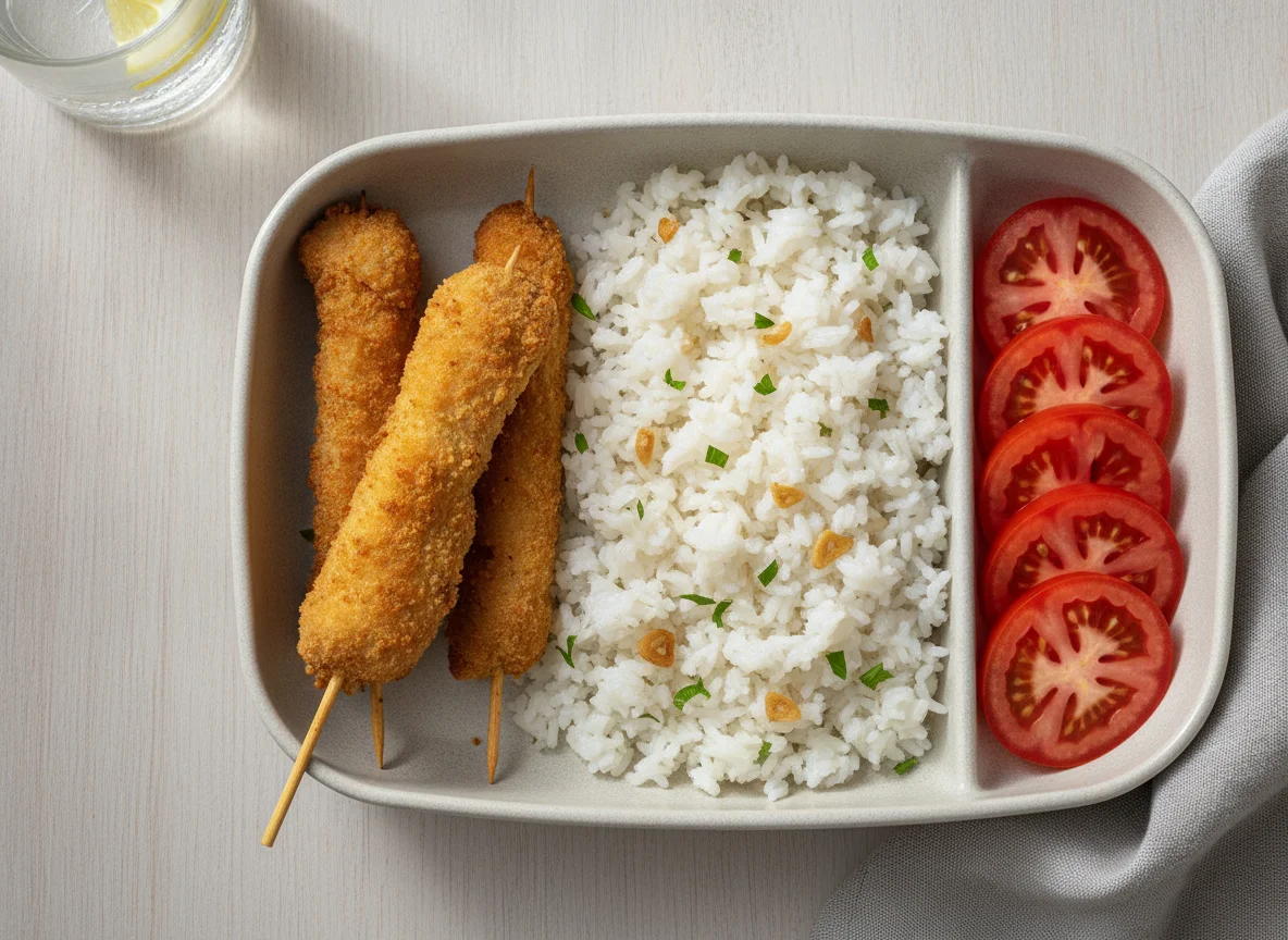 Marmita com espetinhos de frango, arroz e tomate photo