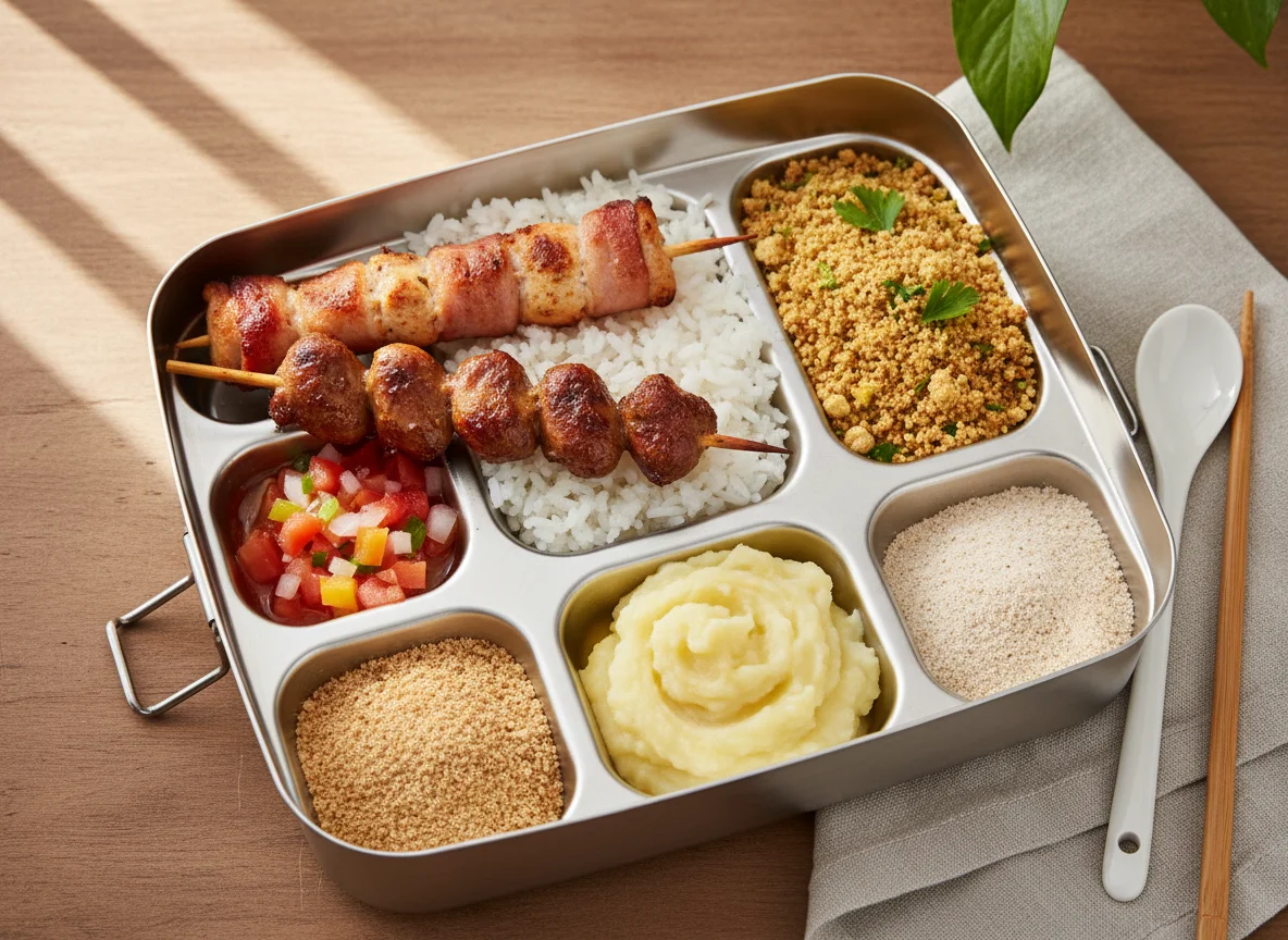 Marmita com espetinhos e acompanhamentos photo