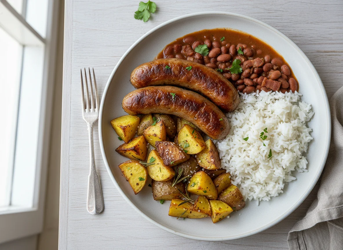 Marmita com feijão, arroz, batata e linguiça photo