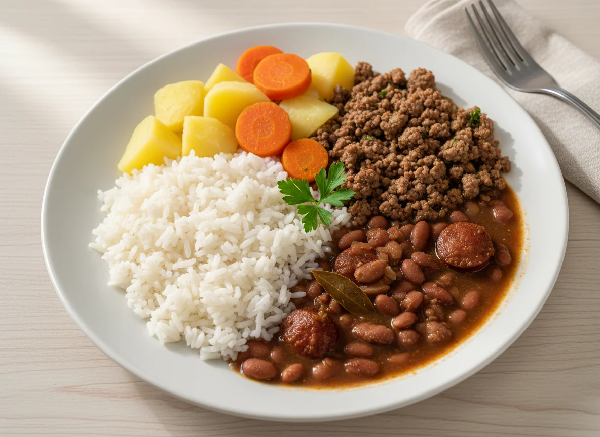 Marmita com feijão, carne moída, arroz e legumes photo