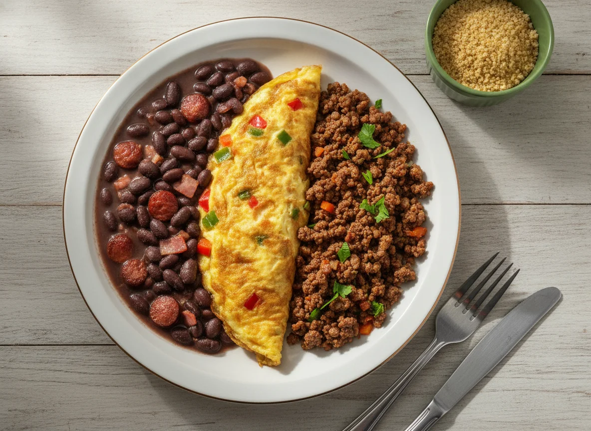 Marmita com feijão, omelete de legumes e carne moída photo