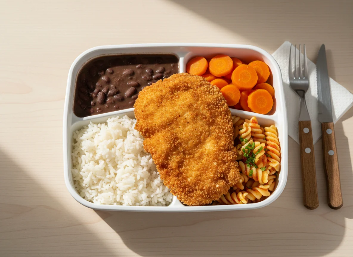 Marmita com Frango à Milanesa, Arroz, Feijão, Cenoura e Macarrão photo