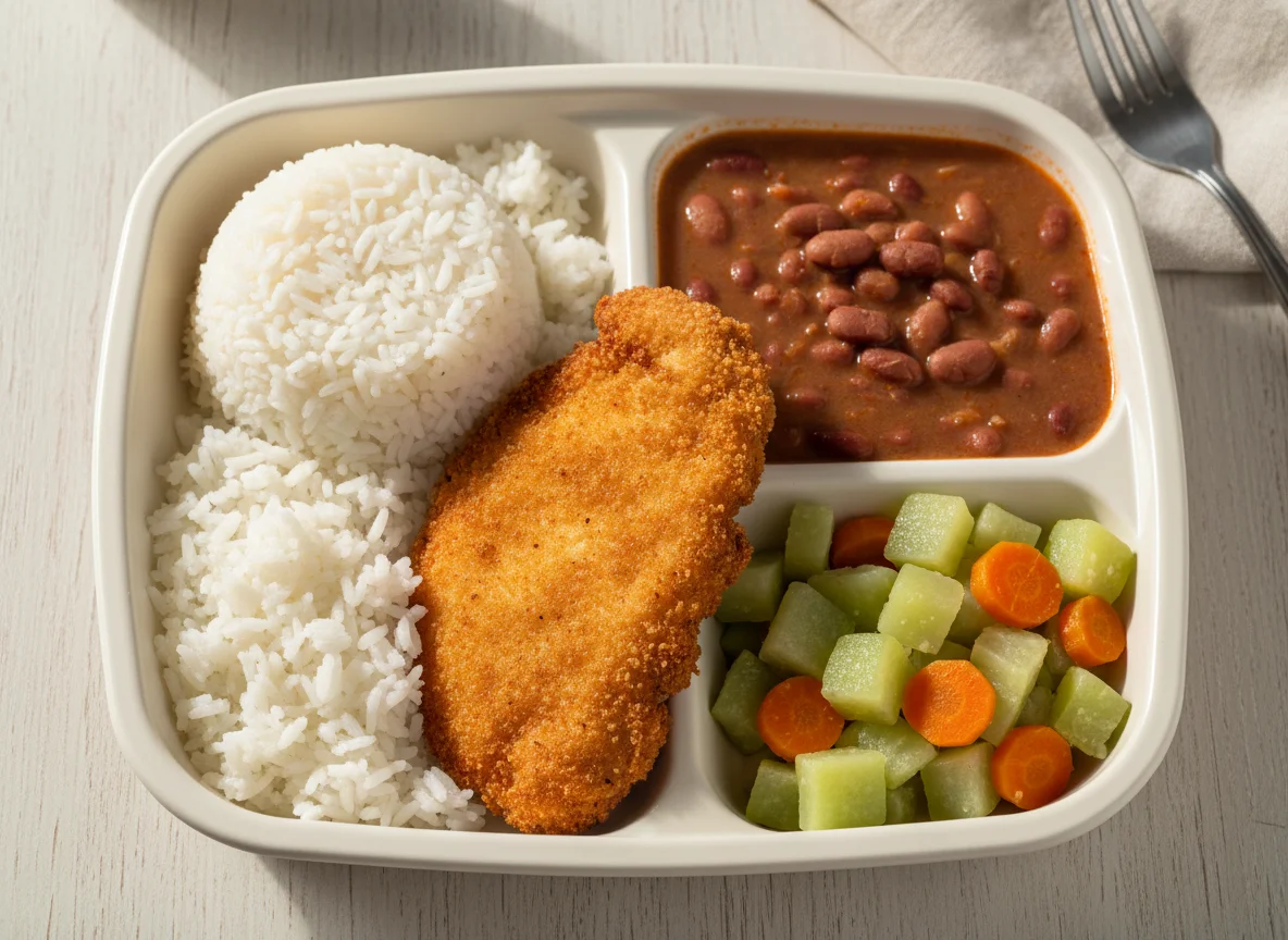 Marmita com frango à milanesa, arroz, feijão e legumes photo